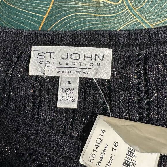 NWT St. John Metallic Wool Blend Knit V Neck Sweater Black Silver Women 16 - Picture 5 of 11
